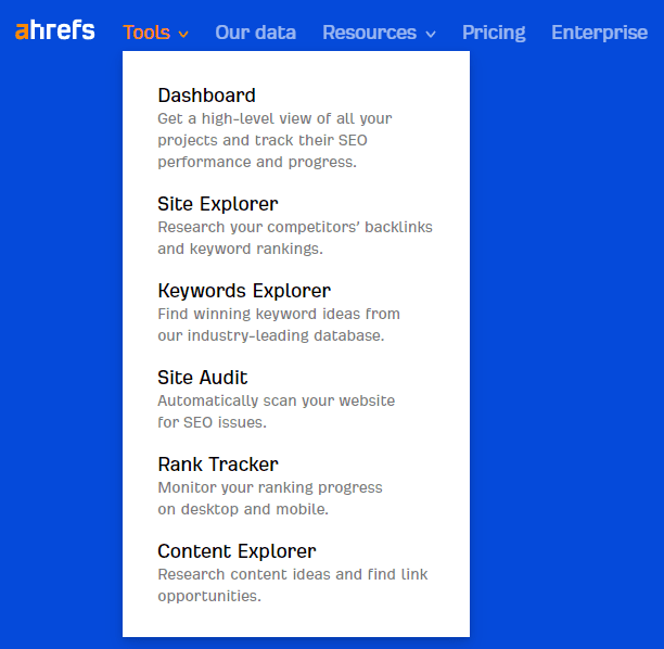 Screenshot of Ahrefs' navigation