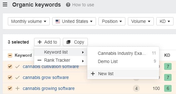 Creating a keyword list in Ahrefs