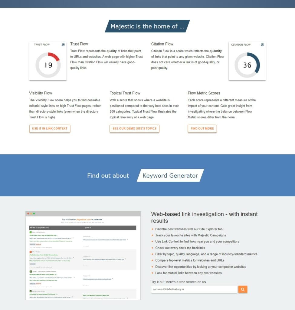 Screenshot showing the poor content layout on Majestic's home page