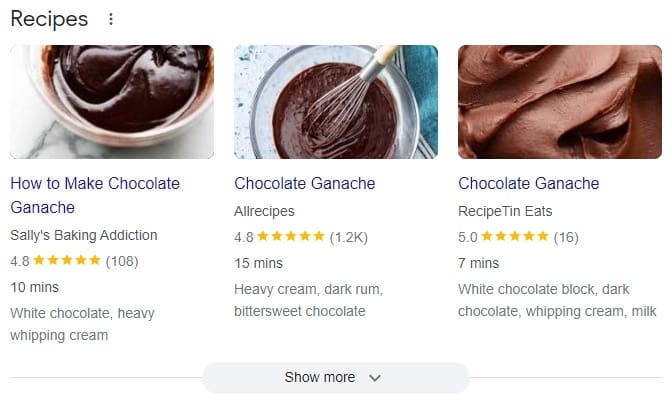 Example of Google implementing recipe schema in search results