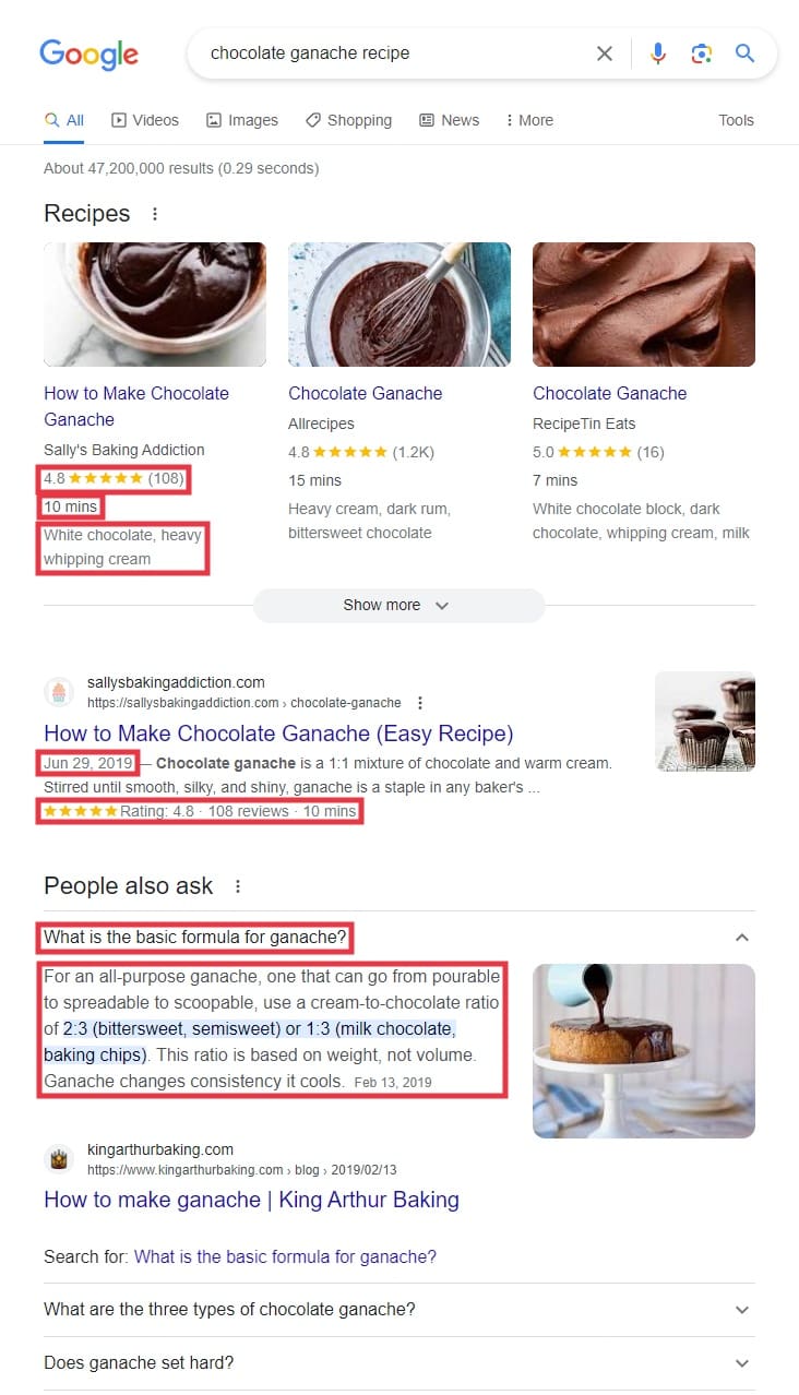 SERP screenshot highlighting schema in search results