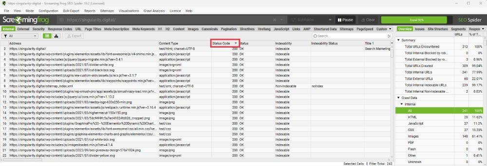 Screenshot of a Screaming Frog SEO crawl