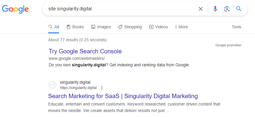 Screenshot of site search operator in Google Search