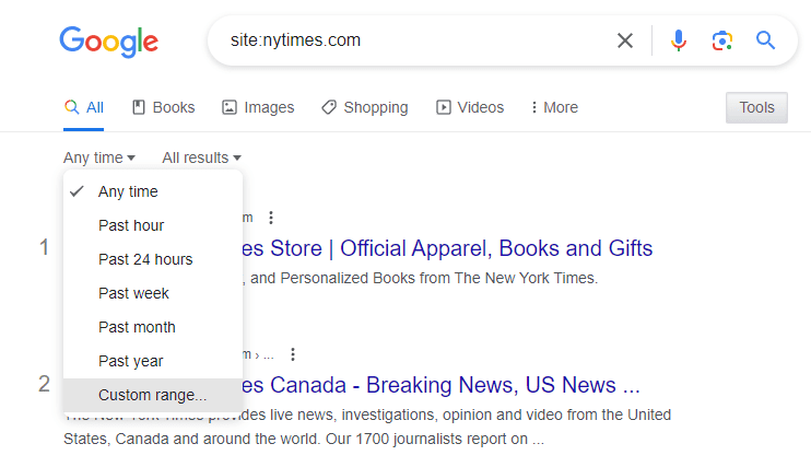 Selecting a custom date range from Google Search tools