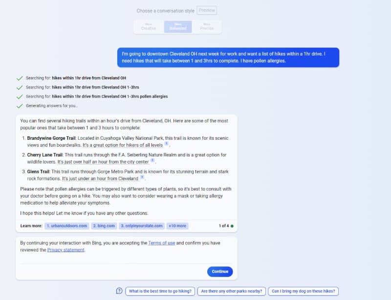 Example screenshot of a Bing AI search in October 2023