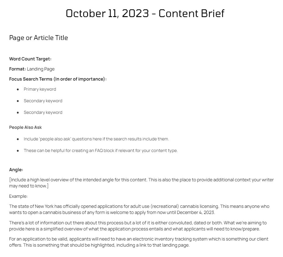 Snapshot of our content brief