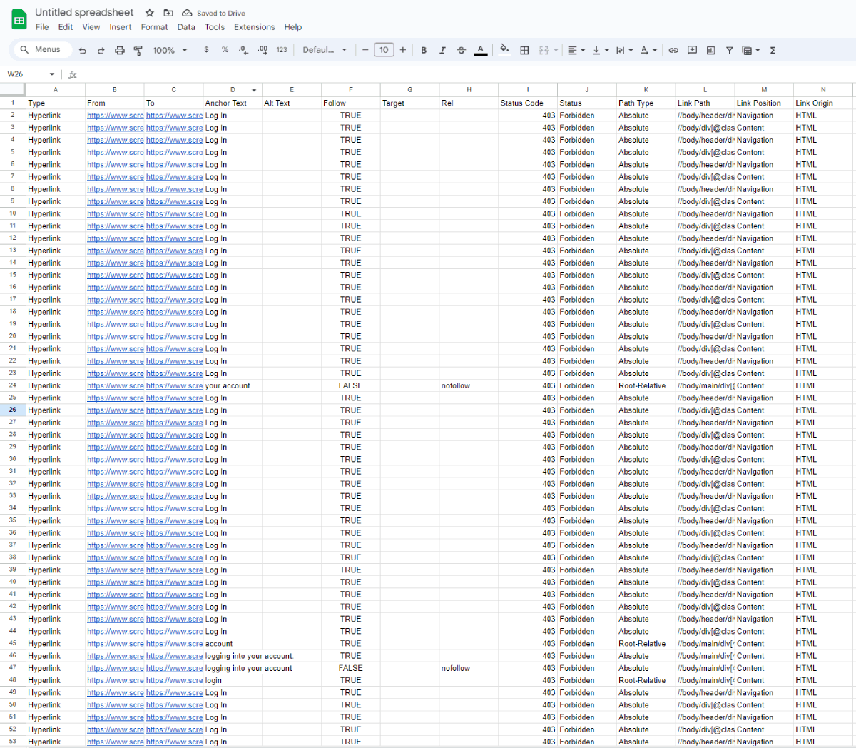 Screaming Frog inlinks exported to Google Sheets