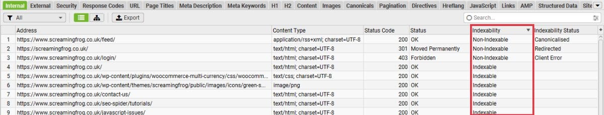 A Screaming Frog crawl with results sorted by Indexability Status