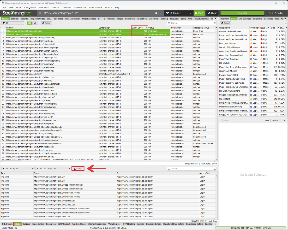 A screenshot of the inlinks tab in Screaming Frog SEO Spider