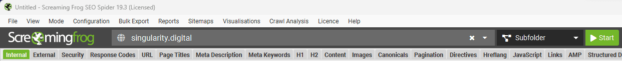A screenshot showing how to initiate a crawl in Screaming Frog SEO Spider