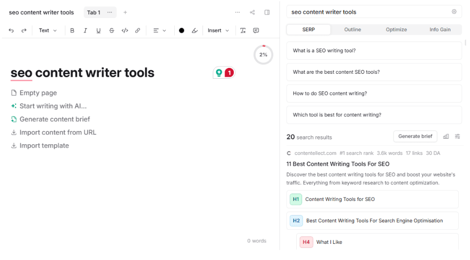 screenshot of Frase interface being used for a content brief