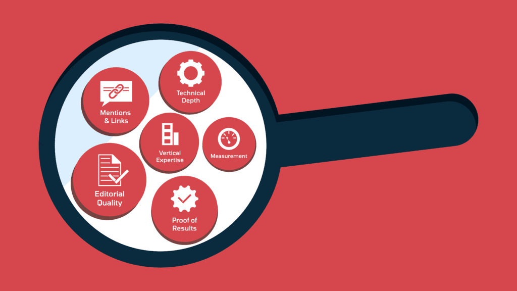 GEO Evaluation criteria for hiring an agency under the magnifying glass; mentions and links, echnical depth of content, vertical expertise, measurement, edtorial quality and proof of results
