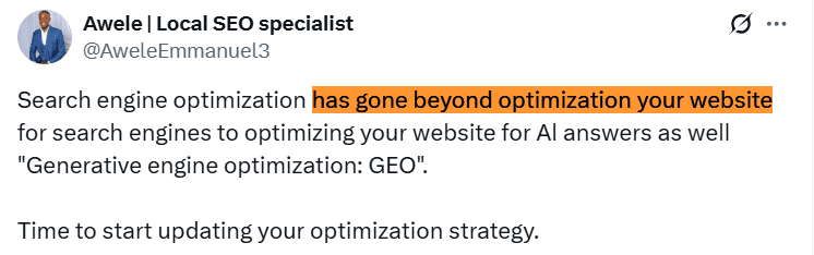 Screenshot from twitter post on GEO & SEO